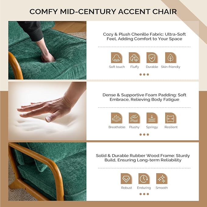 VINGLI Chenille Mid-Century Modern Accent Chair, Cute Reading Arm Chair with Cushion & Lumbar Pillow & Solid Wood Frame for Lounge, Living Room, Reading Room, Bedroom, Forest-Green