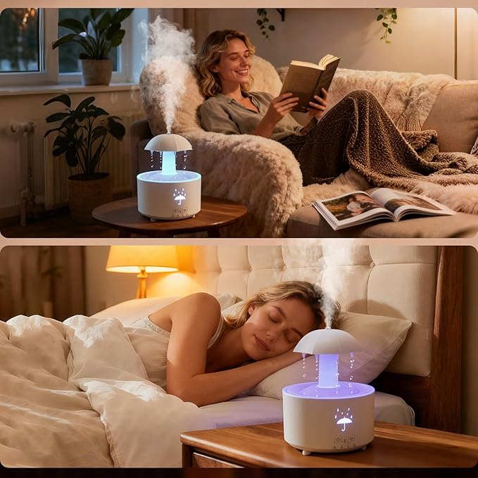 2-in-1 Raindrop Humidifier Oil Diffuser, Essential Oil Diffuser with 360° Rotating Raindrop & 7 LED Mood Lights, Rain Sounds for Sleeping, Quiet Cool Mist Humidifier for up to 24 Hrs,Ideal for Home