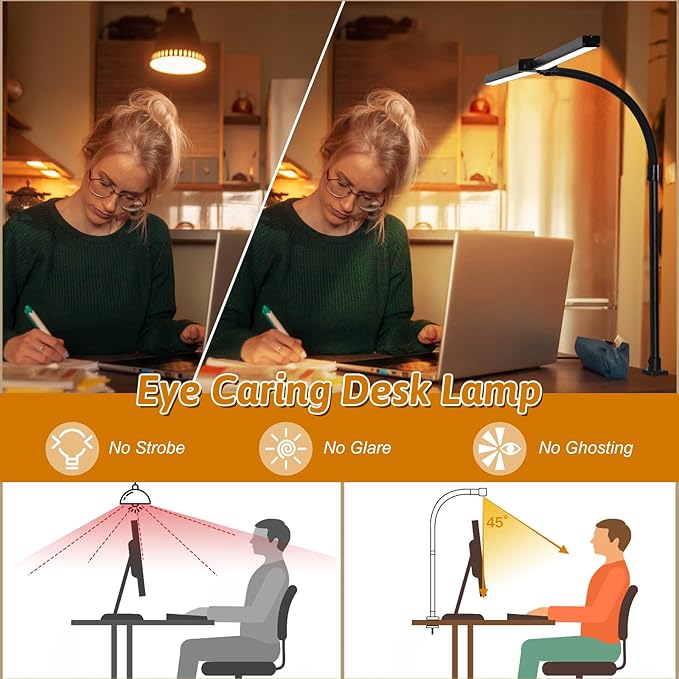 LED Desk Lamp for Office Dorm Home - Eye Caring Desk Light with Timer, Remote Control 24W Brightest Dual Screen Computer Monitor Gooseneck Dimmable Table lamp with Anti-Glare Cover Clamp