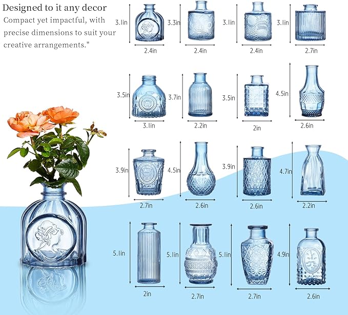 Glass Bud Vases Set of 64 - Blue Assorted Small Mini Glass Vases for Flowers, Crystal Vintage Vase Set, Bulk Centerpieces for Table Décor, Wedding, Home and Events (Blue, 64 Pcs)