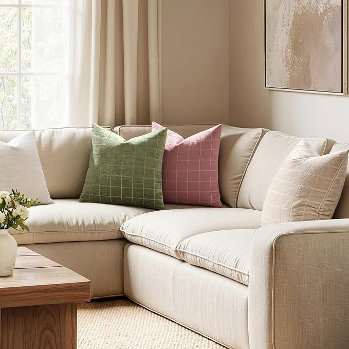 MIULEE Decorative Chenille Check Throw Pillow Covers Vintage Plaid Couch Pillows 20x20 Inch Set of 2 Neutral Boho Farmhouse Cushion Covers Modern Spring Decor for Sofa Bed Living Room Grass Green