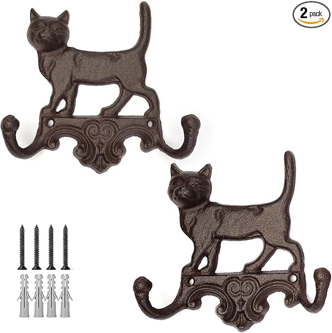 Set of 2 Cast Iron Vintage Dog Wall Hook Decorative Wall Mounted Coat Hooks Rustic Heavy Duty Cute Animal Key Hangers for Dog Leashes, Towels, Hats(Cats)