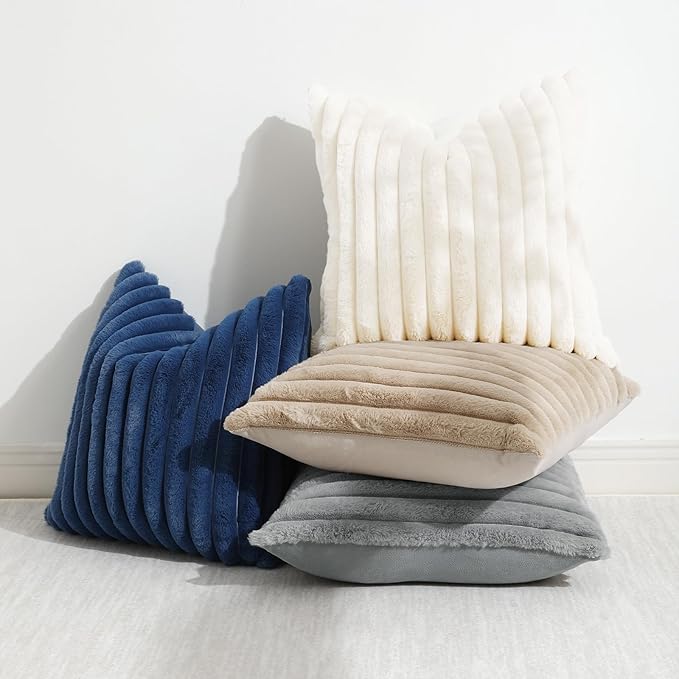 decorUhome Faux Fur Spring Throw Pillow Covers 20x20 Set of 2, Decorative Soft Plush Striped Neutral Couch Pillow Covers with Velvet Back for Sofa, Bed, Living Room Home, Grey