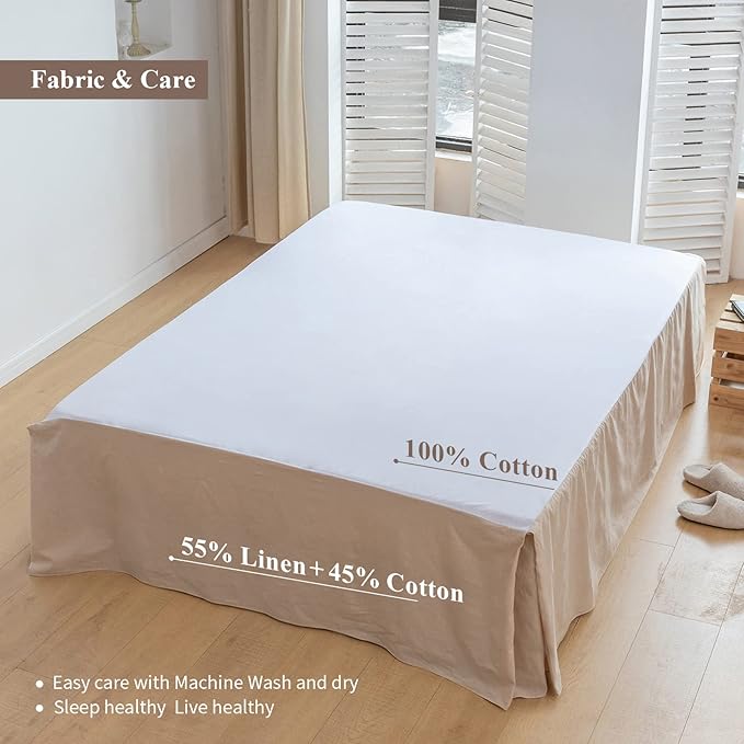 BISELINA French Linen Bed Skirt with Pleated Corner 18-Inch Tailored Drop Natural Flax Cotton Blend Basic Dust Ruffle Soft Cozy Farmhouse Bedding (18" Queen, Basic Linen)