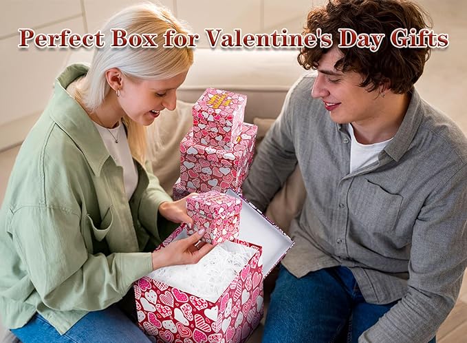 JWSCYSY 6PCS Valentine's Day Nesting Gift Boxes with Lid, Square Gift Boxes with Ribbon, Decorative Boxes Assorted Size for Valentine's Day Presents Wrapping, Party Favor Boxes (Red)