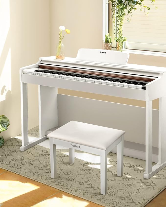 Donner Piano Bench with Storage, Solid Wood Keyboard Bench Piano Bookcase Stool Chair Seat with High-Density Suede Cushion, White