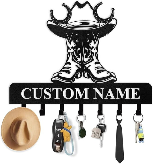Personalized Cowboy Coat Hooks, Cowboy Boots Key Holder Wall Mount, Clothes Cowboy Hat Rack and Backpack Hanger, Western Wall Decor, Metal Key Rack Organizer for Living Room Bedroom Color06