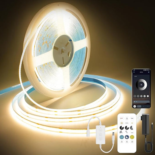 COB LED Strip Lights Warm White,24V Dimmable led Light Strip KIT with Remote and app Control,3000K 25FT/7.5m 8mm Wide Ra>90 Cuttable Flexible Strip Lights for Bedroom,Wardrobe,Cabinet