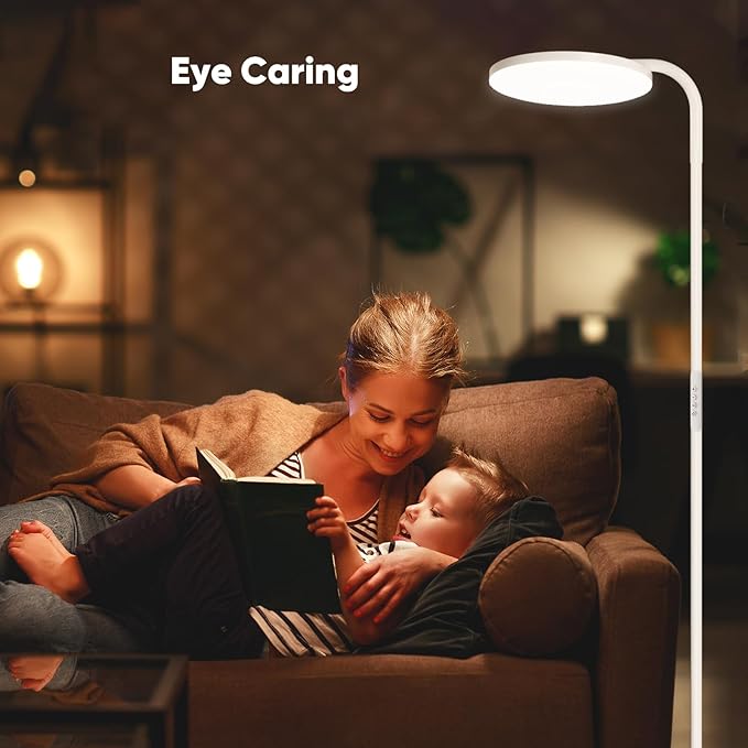 SIBRILLE 36W LED Floor Lamp, Super Bright Standing Lamp, Modern Stepless Dimmable Torchiere Tall Lamp with Remote Control, 350°Rotating Head Reading Floor Lamp for Living Room, Bedroom, Office - White