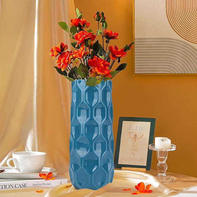 Bdor Ceramic Vase, 11in Flower Vase, Blue Honeycomb Vase for Room Decor, Modern Farmhouse Home DéCor Accents, Living Room Decor, Book Shelf, Mantel and Minimalism Dining Coffee Table Decor.