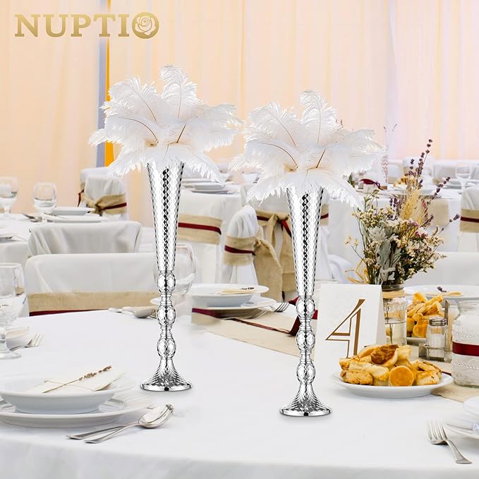 Trumpet Vase Wedding Centrepieces for Tables: Nuptio 2 Pcs Silver Vase 61cm Tall Flower Stand Road Lead for Weddings Party Dinner Centrepiece, Tabletop Vases for Anniversary Birthday Home Decoration