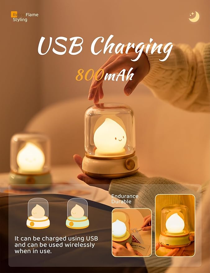 Cute Chibi Flame Lamp, Anime Cozy Lights, Retro Rechargeable Night Light, Decor, Cute Desk Accessories, Gifts 2 Pack (Yellow and Green)