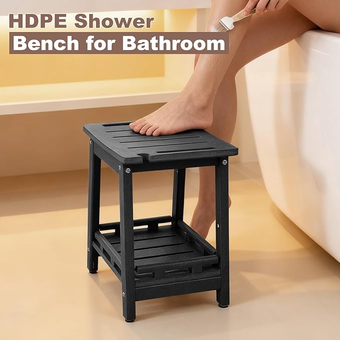 HDPE Shower Bench Seat for Shaving Legs, Waterproof Shower Stool with Storage Shelf for Bathroom, Black