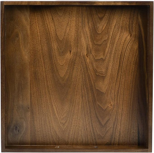 14 x 14 inches Large Square Ottoman Tray Solid Wooden Black Walnut Table Platter Decorative Serving Tray with Handle for Oversized Ottoman Home Breakfast in Bed Tea Coffee