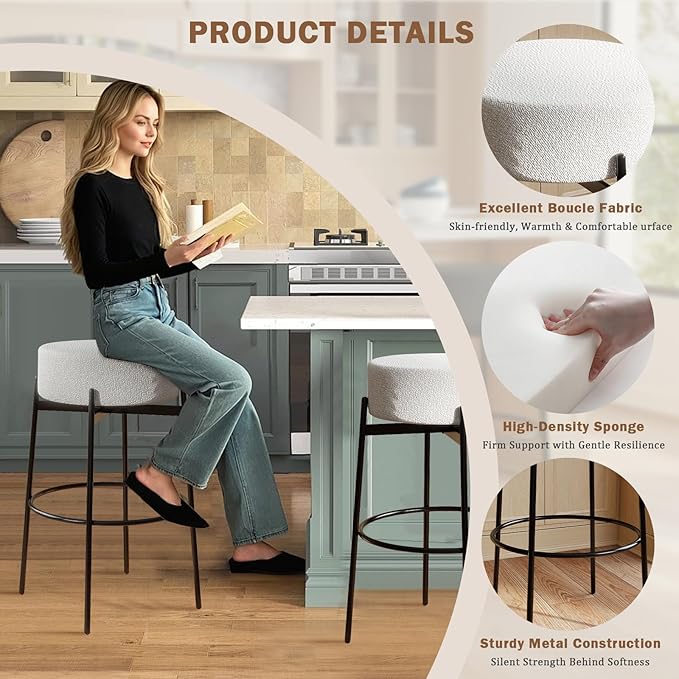 SoarFlash Modern Rotatable Bar Stools Set of 2, 30" Sherpa Swivel Counter Height Stools with Round Soft Padded Boucle Backless Seat, White