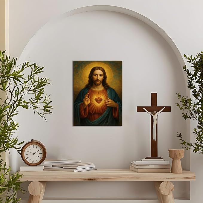 Sacred Heart of Jesus Canvas Wall Art Catholic Divine Mercy Prints Wall Decor Christ Jesus Portrait Poster Christian Religious Picture Artwork for Bedroom Living Room Prayer Room 16x24 Inch Framed
