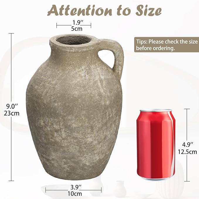 Ceramic Rustic Farmhouse Vase, 9 inch Ceramic Oatmeal Flower Vase for Centerpieces Pampas Grass Pottery Jug with Handle Boho Modern Rustic Farmhouse Decor for Living Room Kitchen Dinner Table Shelves