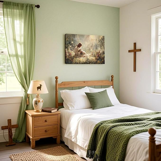Jesus and Lamb Canvas Wall Art Jesus Holding The Lost Lamb Wall Decor Good Shepherd Poster God Leaves the 99 Sheep Pictures Christian Religious Painting for Living Room Church Prayer Room 16x12in
