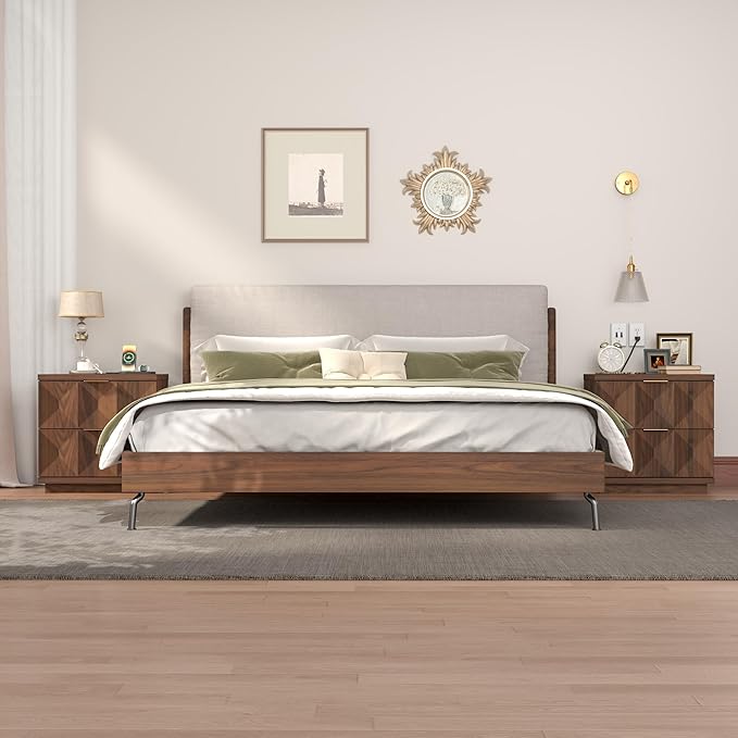 Yechen 23.6" Walnut Nightstand with 20W Faster Charging Station, Modern Bedside Table with 3D Geometric Drawers Front Panel, Wood 2 Drawer Night Stand with Storage, Accent End Table for Bedroom