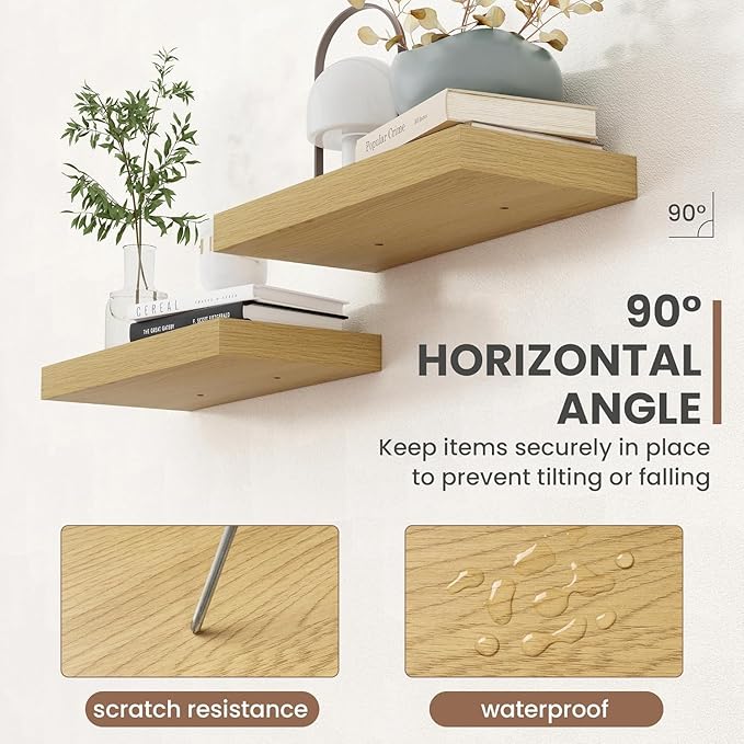 55 Inch Floating Shelves, 8 Inch Deep Floating Shelves for Wall, Hanging Shelf with Invisible Brackets, Deep Shelves for Bathroom, Bedroom, Living Room, Oak, Set of 2