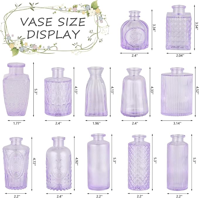 RUCKAE 12 Pack Glass Bud Vases Mini Flower Vase Small Vintage Vases for Centerpiece Table Wedding Decorations Home Decor Party (Purple)