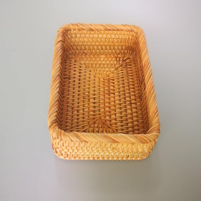 Handmade Rectangle Wicker Fruit Box Rattan Tray Magazine Organizer and Small Objects Container Serving Basket (Small)