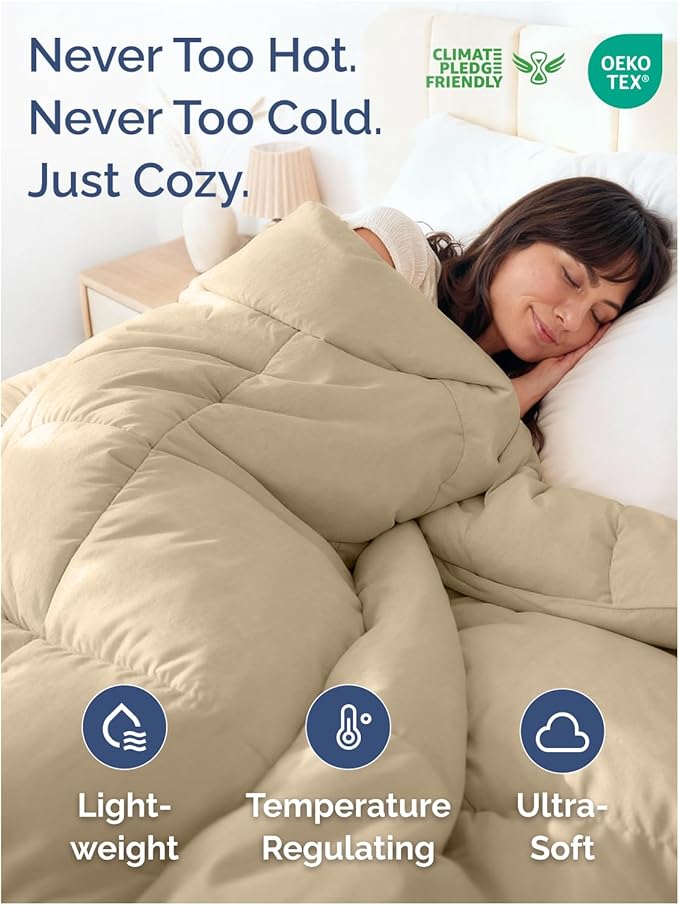 Queen Size, Beige Alternative Down Comforter - Warm and Lightweight - Luxury and Breathable Hotel Quality Bedding Set - All Season Fluffy and Cozy Oversized Cooling Microfiber Duvet Insert Comforter