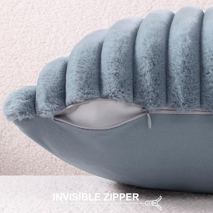 Pallene Faux Fur Plush Throw Pillow Covers 20x20 Set of 2, Luxury Soft Fluffy Striped Decorative Pillow Covers for Sofa, Couch, Living Room, Blue Grey