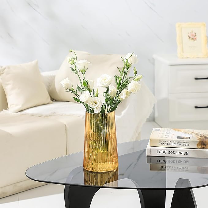 Amber Glass Vase for Flower, Flower Vase for Bouquet, Modern Glass Vases, Ribbed Vases for Living Room, Bedroom, Dining Table, Office, Wedding, Centerpieces, 8 Inches