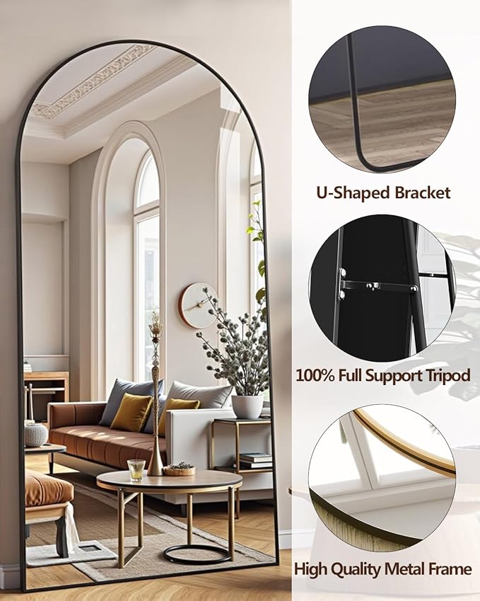 71"x26" Arched Full-Length Mirror with Explosion-Proof HD Glass - Oversized Floor or Wall-Mounted Full Body Mirror for Bedroom, Living Room, and Cloakroom (Black)