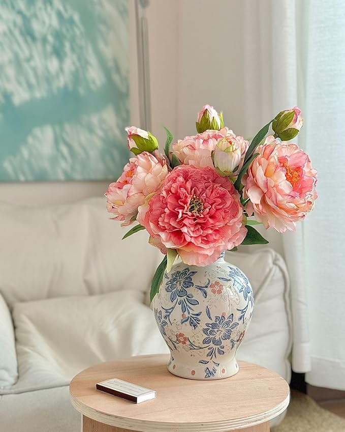 Vintage Blue and White Ceramic Vase, Classic Decorative Porcelain Flower Vase for Centerpiece Living Room Table Shelf, Chinoiserie Country Decor