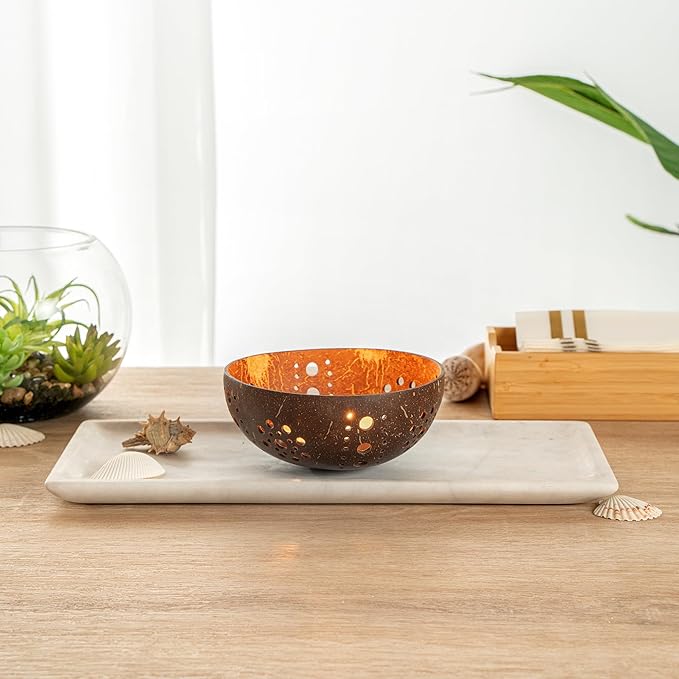 Restaurantware-Coco Casa 5.1 x 2 Inch Coconut Shell Candle Holder, 1 Reusable Tealight Holder - Candle Not Included, Sun Pattern, Brown Coconut Bowl for Candles, Handcrafted