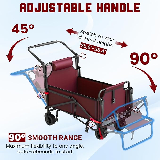 LEVELEVE Heavy Duty Folding Wagon - 2-in-1 Collapsible Cart, 400lb Capacity, All-Terrain Wheels w/Brakes & Side Pockets (Red)