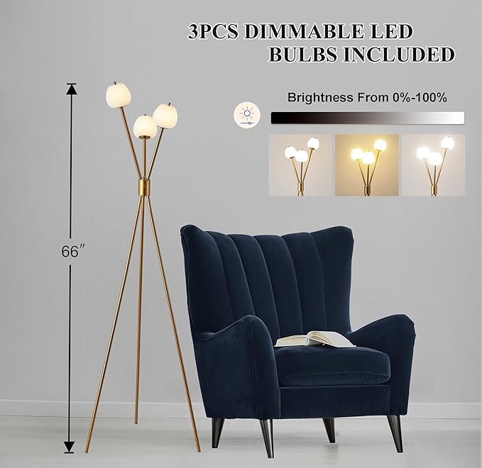 Fiqevs Dimmable Tripod 3 Globe Floor Lamp for Living Room, Mid Modern Gold Floor Lamp with Elegant Frosted Ball Shade and Warm Light LED Bulbs, Standing Tall Lamp for Bedroom, Office - Antique Brass