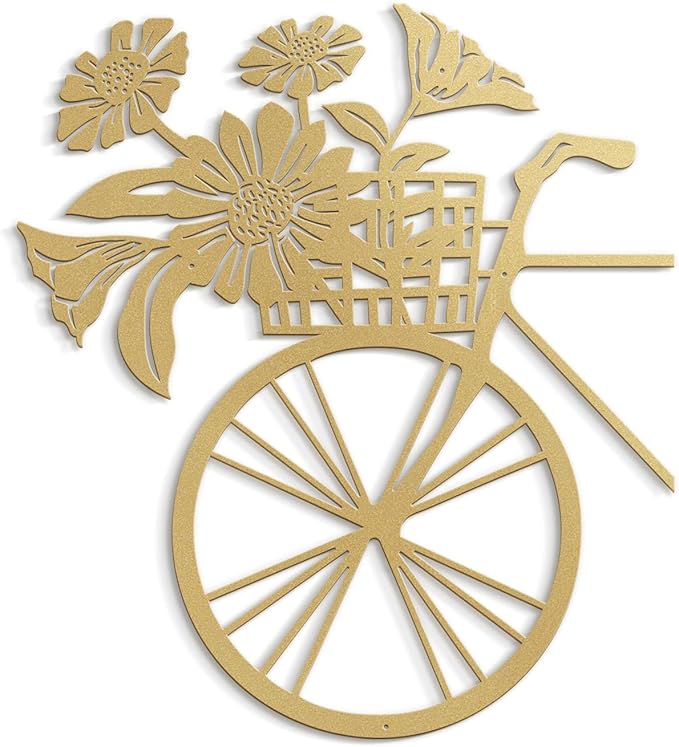 SIGNLEADER Metal Wall Art Decor Floral Bouquet in Bicycle Modern Abstract Wall Sculpture Hangings Home Decoration for Living Room, Bedroom, Bathroom, Kitchen, Outdoor - 18" Gold