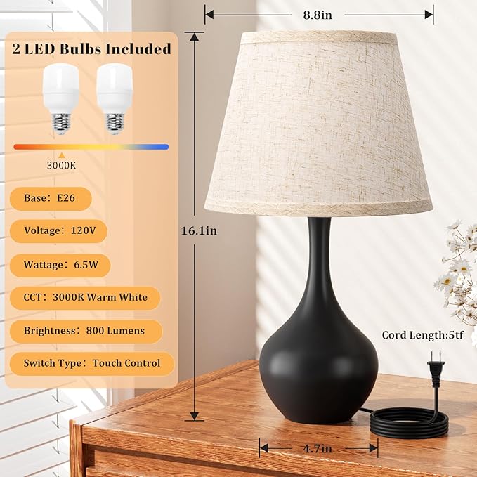 Seealle Touch Table Lamps for Nightstand Set of 2, 3-Way Dimmable Small Bedroom Lamps for Night Stands, Black Bedside Lamps for Living Room, Kids Room, End Table(LED Bulbs Included)
