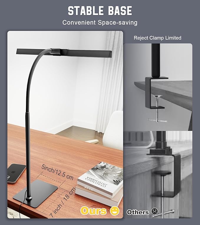 LED Desk Lamp for Home Office with Base, Eye-Caring Architect Task Light with Adjustable Gooseneck 12W USB Adapter Touch Control 5 Dimmable Brightness & Color Tall Lamp for Reading, Craft