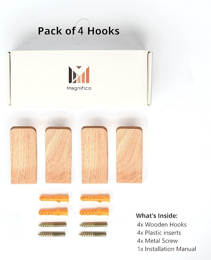 Magnifico Premium Wall Hooks - Set of 4 - Coat Hooks for Hanging Hat, Purse, Backpack, Bag, Jacket. Modern Farmhouse Decor for Wall and Practical Entryway Hooks (Beech Wood) (Rustic, 4, Count)