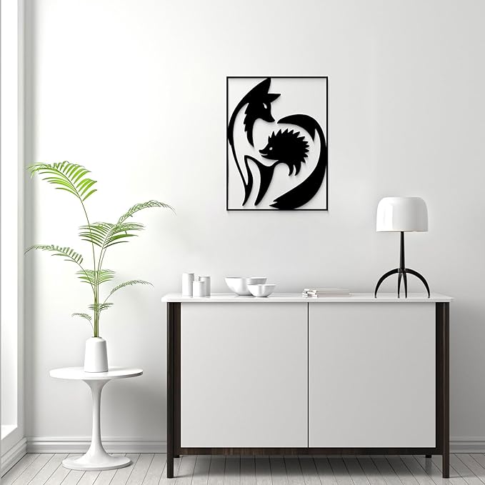 GlintHome Black Metal Wall Art - Fox and Hedgehog Cute Silhouette Wall Decor for Bathroom Bedroom Living Room Home Decor