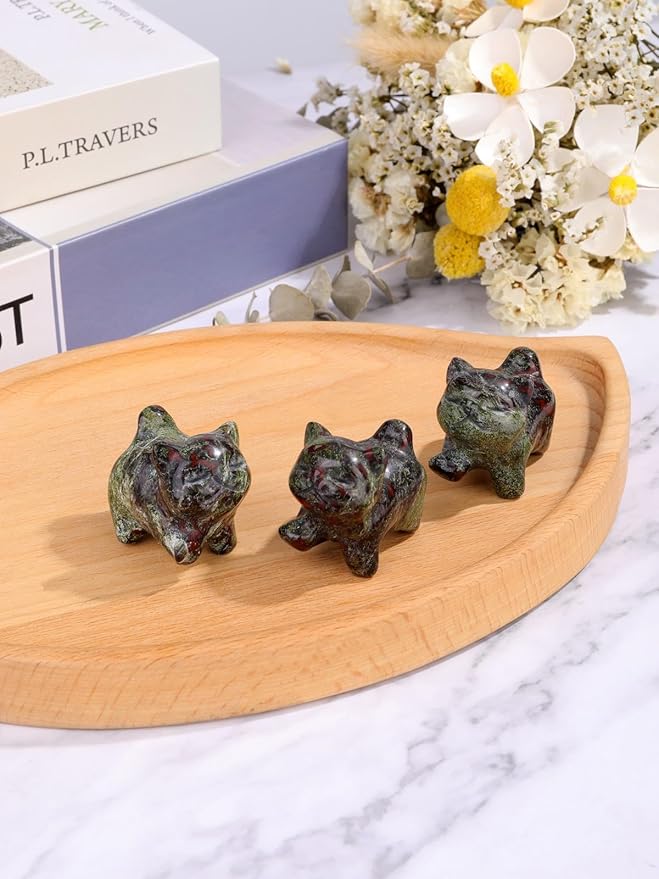 Jovivi Natural Dragon Bloodstone Crystal Cat Statue Home Decor Carved Gemstone Cats Figurine Collectibles Pocket Sculpture Pet Memorial Decorative Ornament Gift for Cat Lovers