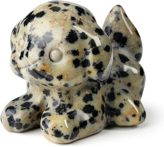 Jovivi Natural Dalmation Spot Jasper Crystal Lying Dog Statue Home Decor Carved Mini Gemstone Puppy Dog Figurines Pocket Sculpture Reiki Healing Stones Decorative Ornament Gift