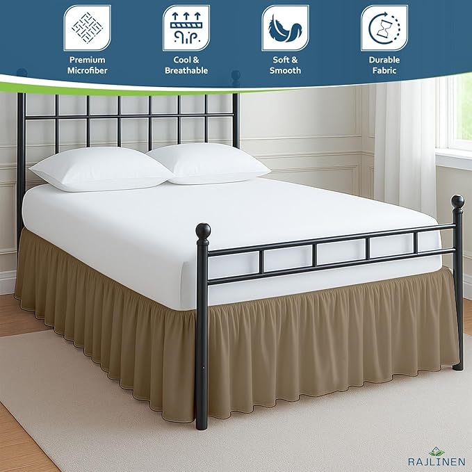 Rajlinen Ruffled Bed Skirt Full XL, 15 Inch Drop Dust Ruffle with Split Corners, 100% Microfiber Bedskirt with Platform, Three-Sided Coverage Ruffled Gathering Design, Taupe
