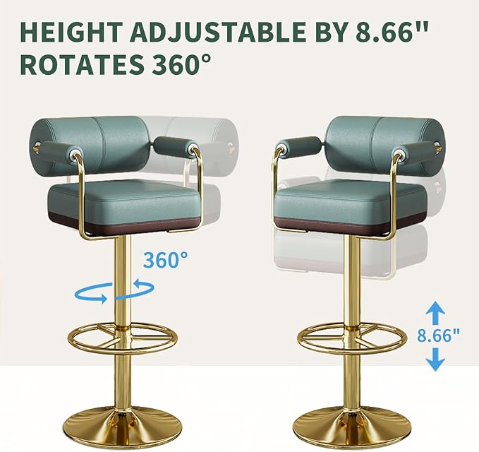 Extra Tall Bar Stools Swivel Counter Height Chair for Kitchen Island Modern Black Leather Adjustable Barstool with Arms,Green