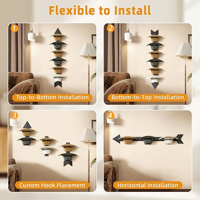 Cowboy Hat Holder for Wall, Cowboy Hat Rack Arrow Wood for 10 Baseball Caps and 5 Cowboy Hats, Western Wall Decor for Bedroom, Hat Organizer Hanger Storage for Entryway Closet Living Room, Black