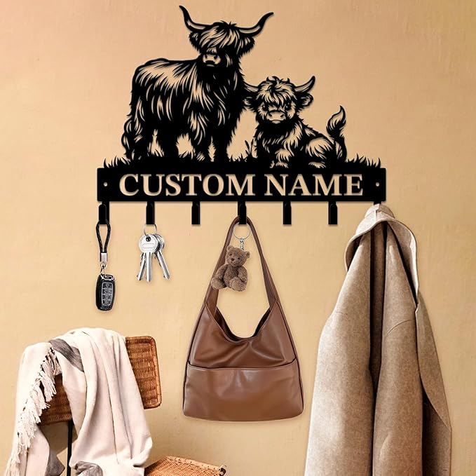 magilab Personalized Custom Highland Cow Wall Hooks,Metal Highland Cow Art Clothes Hooks,Metal Highland Cow Wall Home Storage Decorative,for Front Door, Hallway, Kitchen, Bedroom,Keys,Hats (Style J)