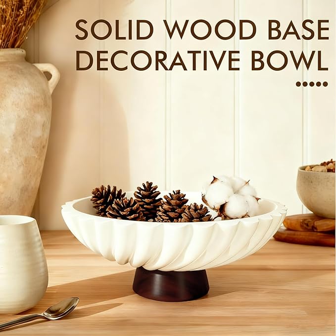 11-Inch White Concrete Decorative Fruit Bowl with Wooden Base – Modern Decorative Bowl and Key Bowl for Dining Table, Coffee Table, Kitchen & Home Décor
