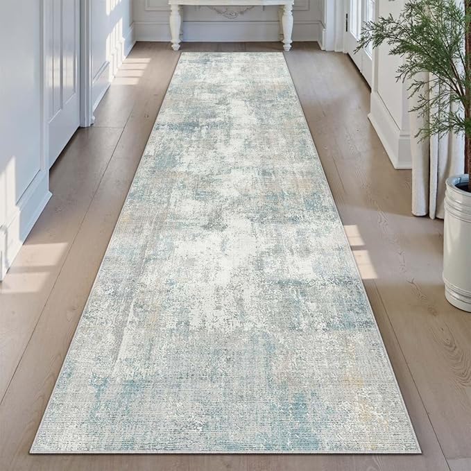 WondRg 2x8 Washable Runner Rug Blue Cream Abstract Hallway Kitchen Throw Rug Neutral Modern Non Slip Soft Low Pile Lightweight Carpet for Bathroom Laundry Bedroom Living Room