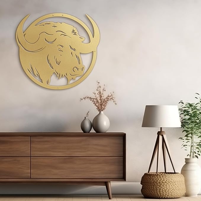SIGNLEADER Metal Wall Art Decor Majestic Buffalo Circular Frame Minimalist Modern Abstract Wall Sculpture Hangings Home Decoration for Living Room, Bedroom, Bathroom, Kitchen, Outdoor - 18" Gold