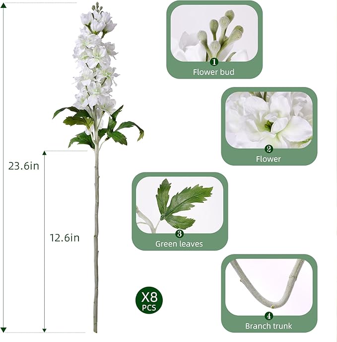 Fake Flowers 23.6” Delphinium Artificial Flowers 8Pcs Silk Flowers with Stems Long Stem Artificial Flowers for Tall Vase Faux Flowers for Indoor Home Decoration Wedding Decoration Centerpiece White