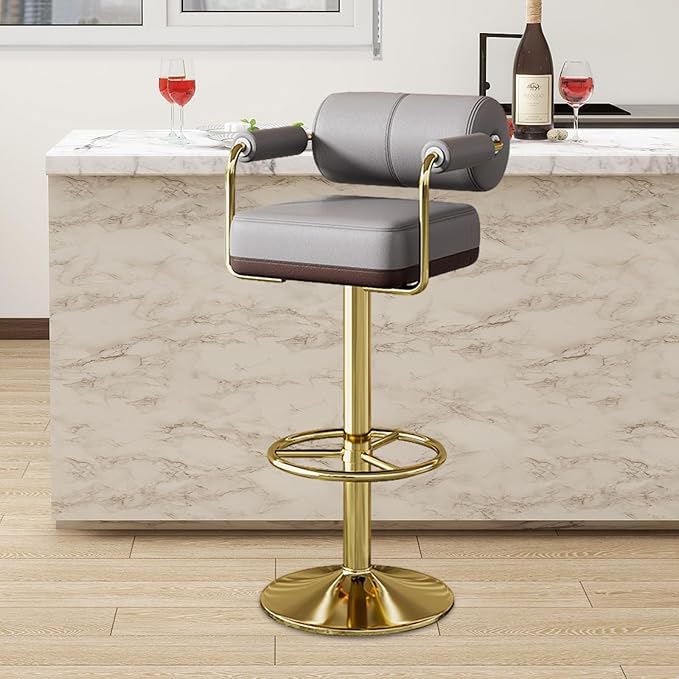 Extra Tall Bar Stools Swivel Counter Height Chair for Kitchen Island Modern Black Leather Adjustable Barstool with Arms,Grey